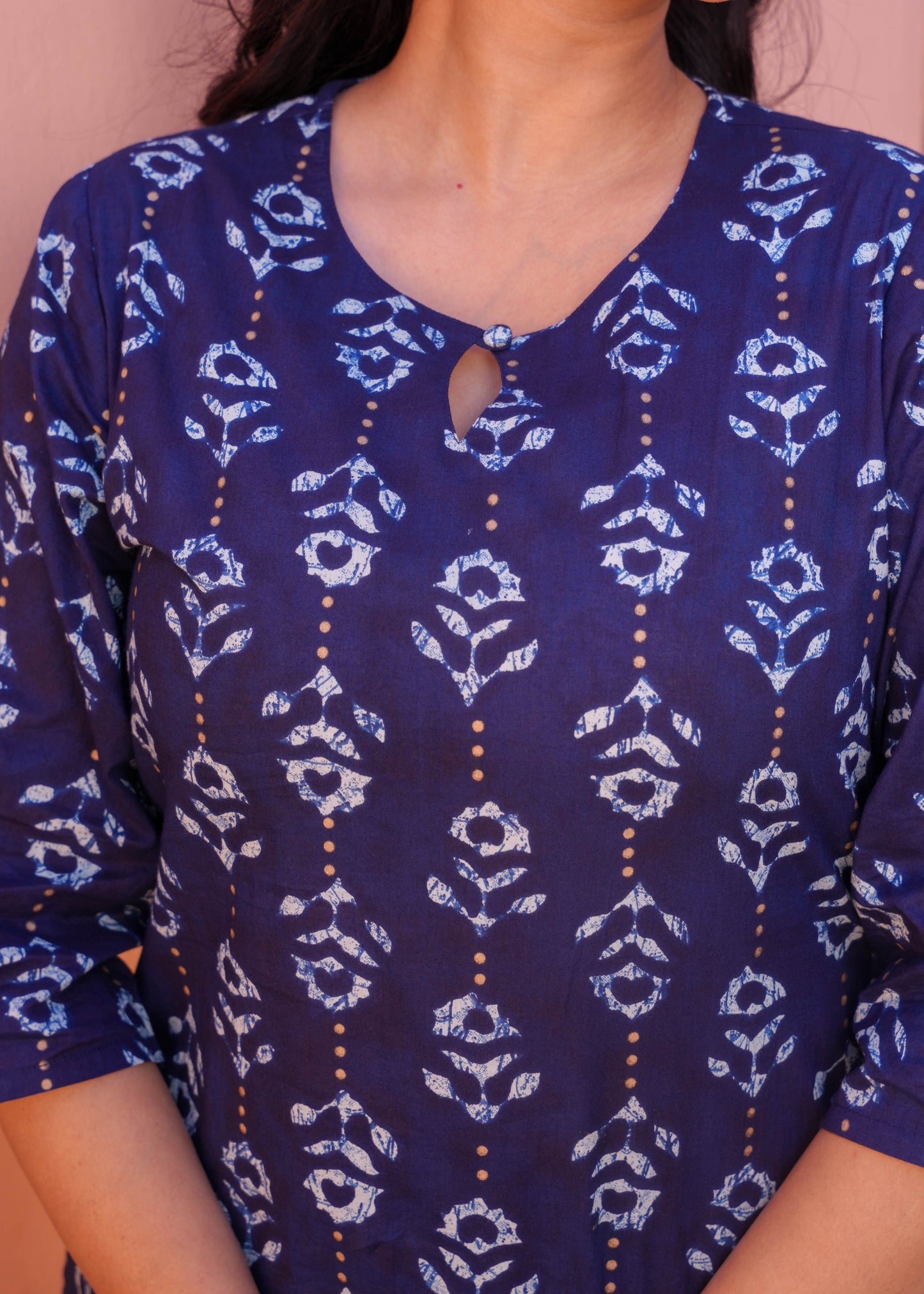 Soft Cotton Gold foil Straight Blue Kurta