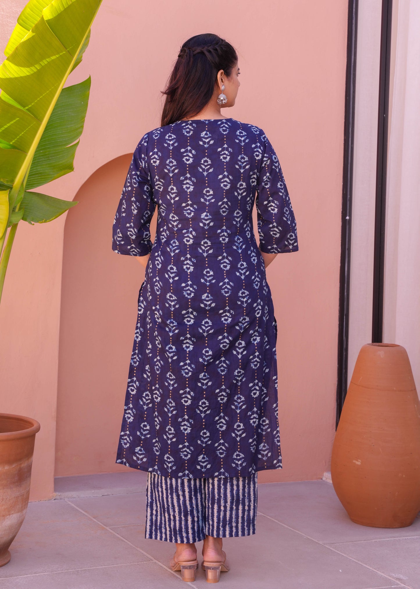 Soft Cotton Gold foil Straight Blue Kurta