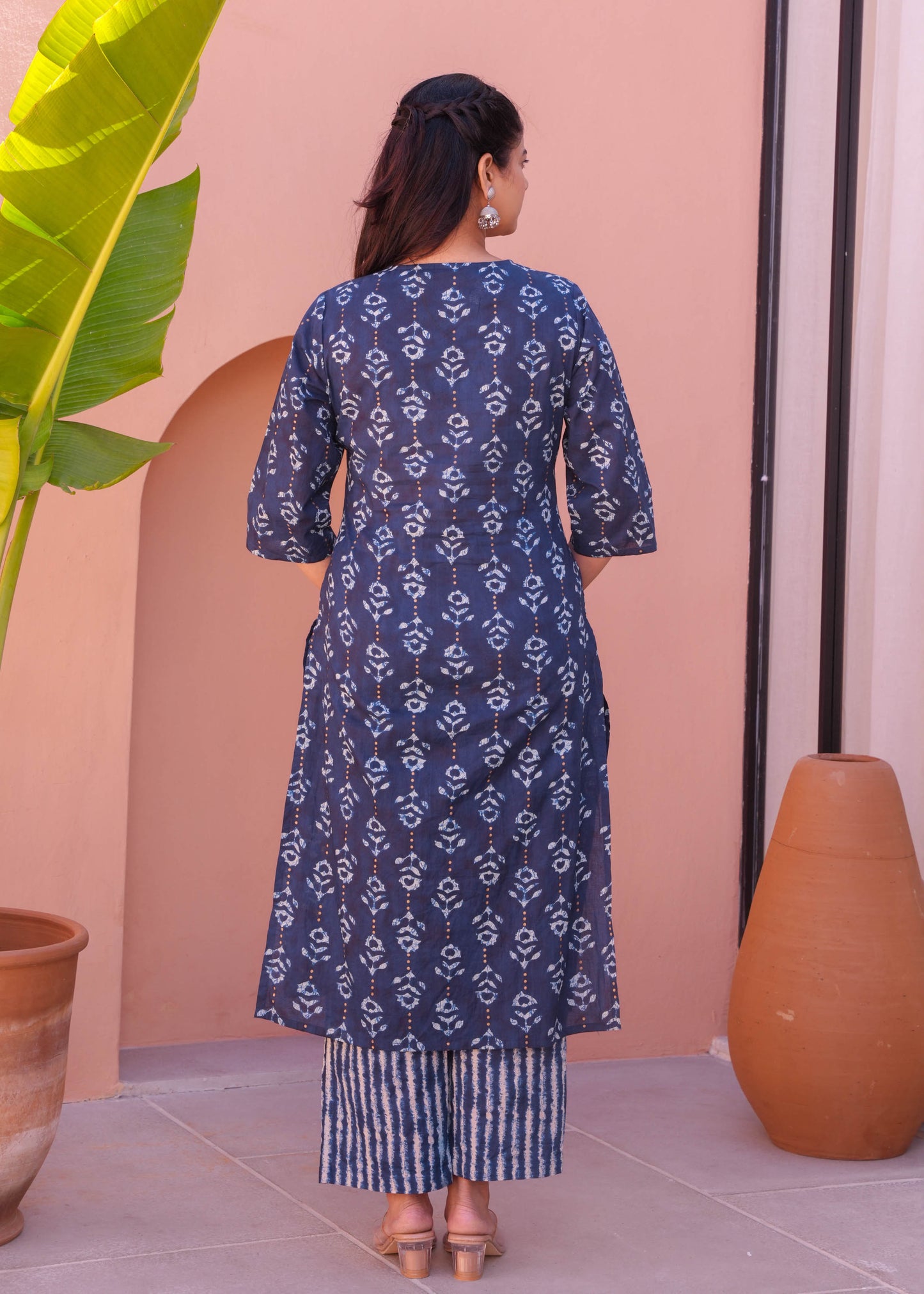 Soft Cotton Gold foil Straight Blue Kurta