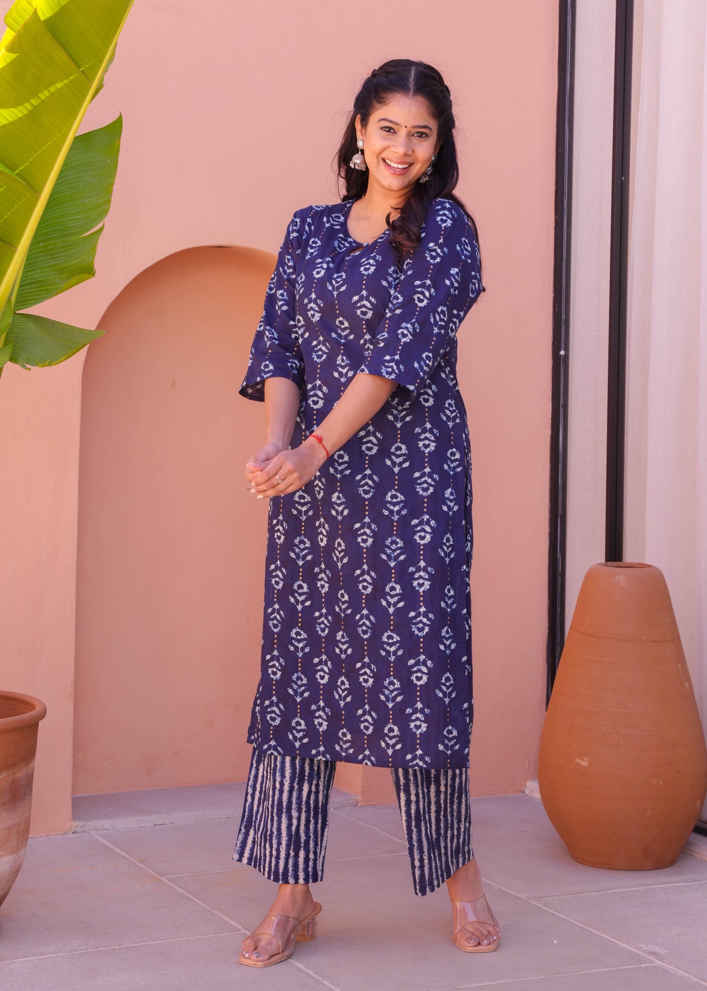 Soft Cotton Gold foil Straight Blue Kurta