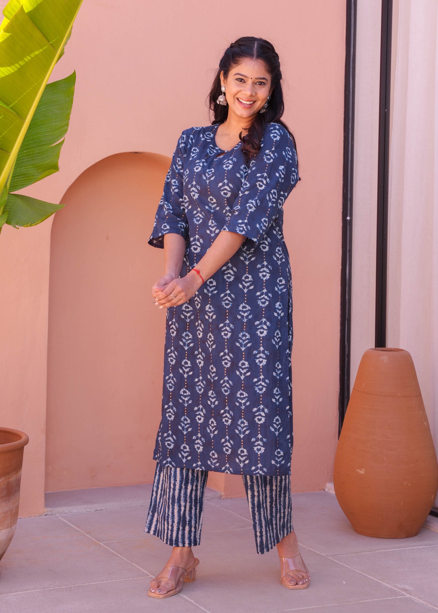 Soft Cotton Gold foil Straight Blue Kurta