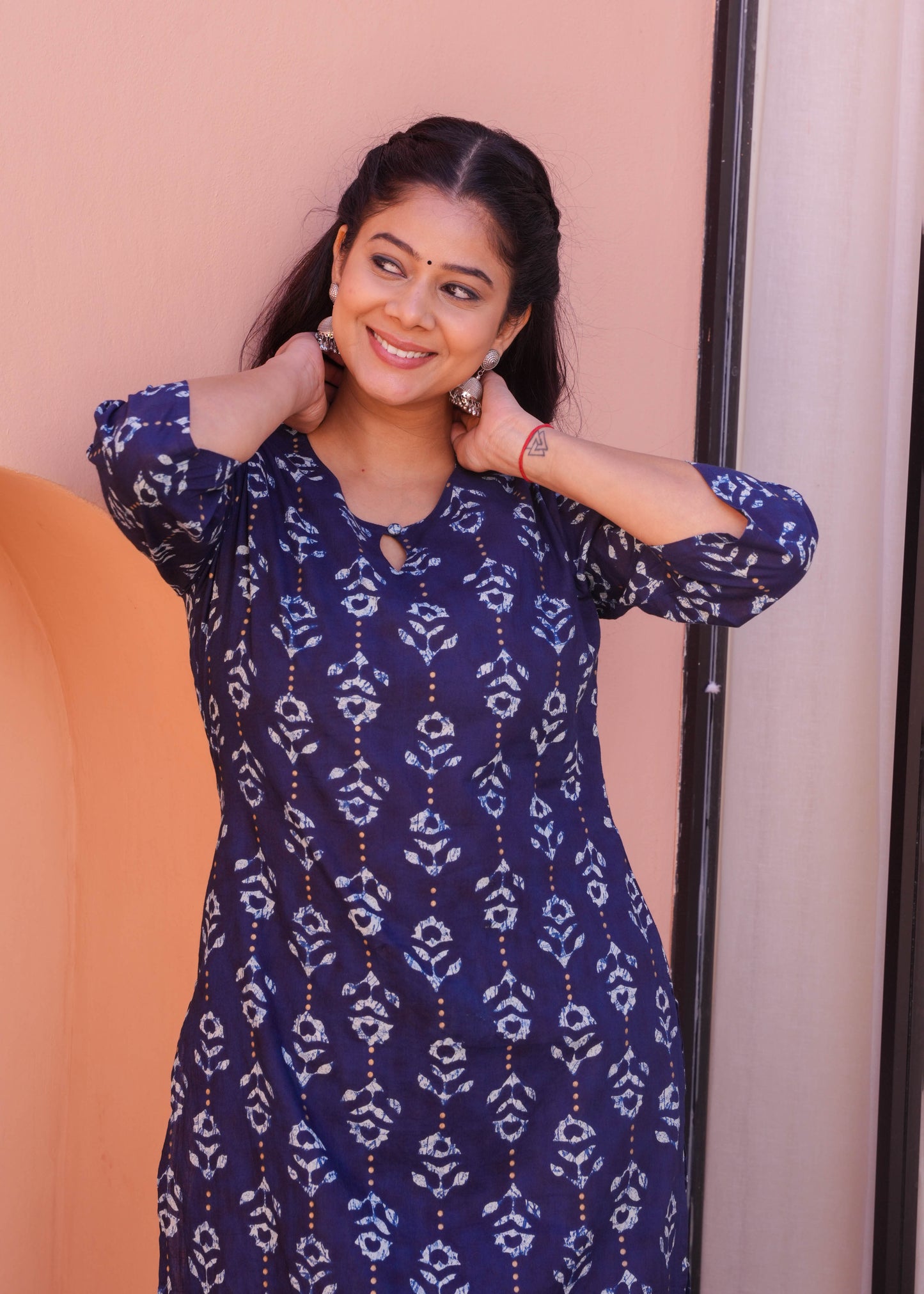 Soft Cotton Gold foil Straight Blue Kurta