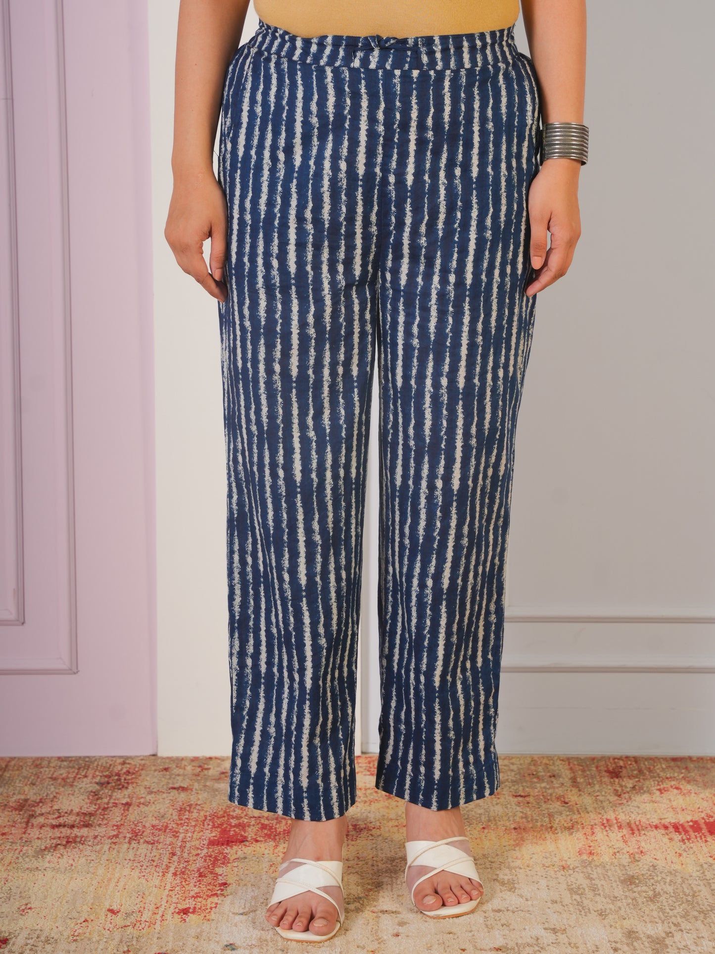 Soft Cotton Striped Blue Straight Trousers