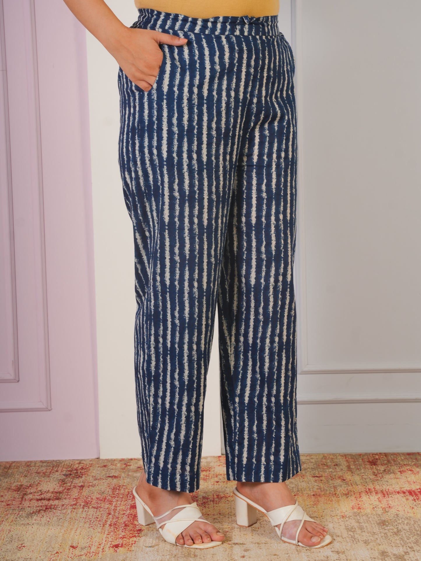 Soft Cotton Striped Blue Straight Trousers
