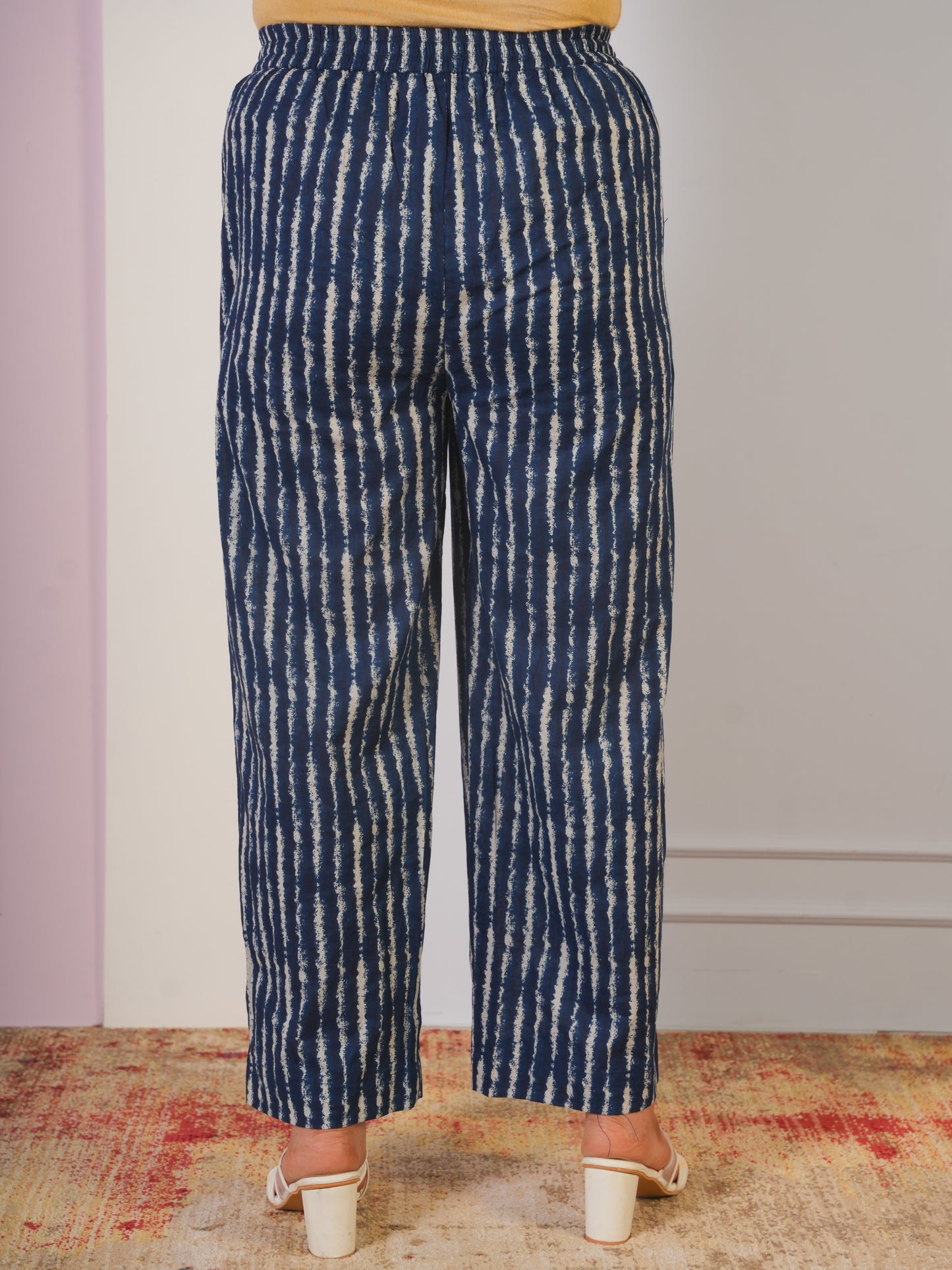 Soft Cotton Striped Blue Straight Trousers