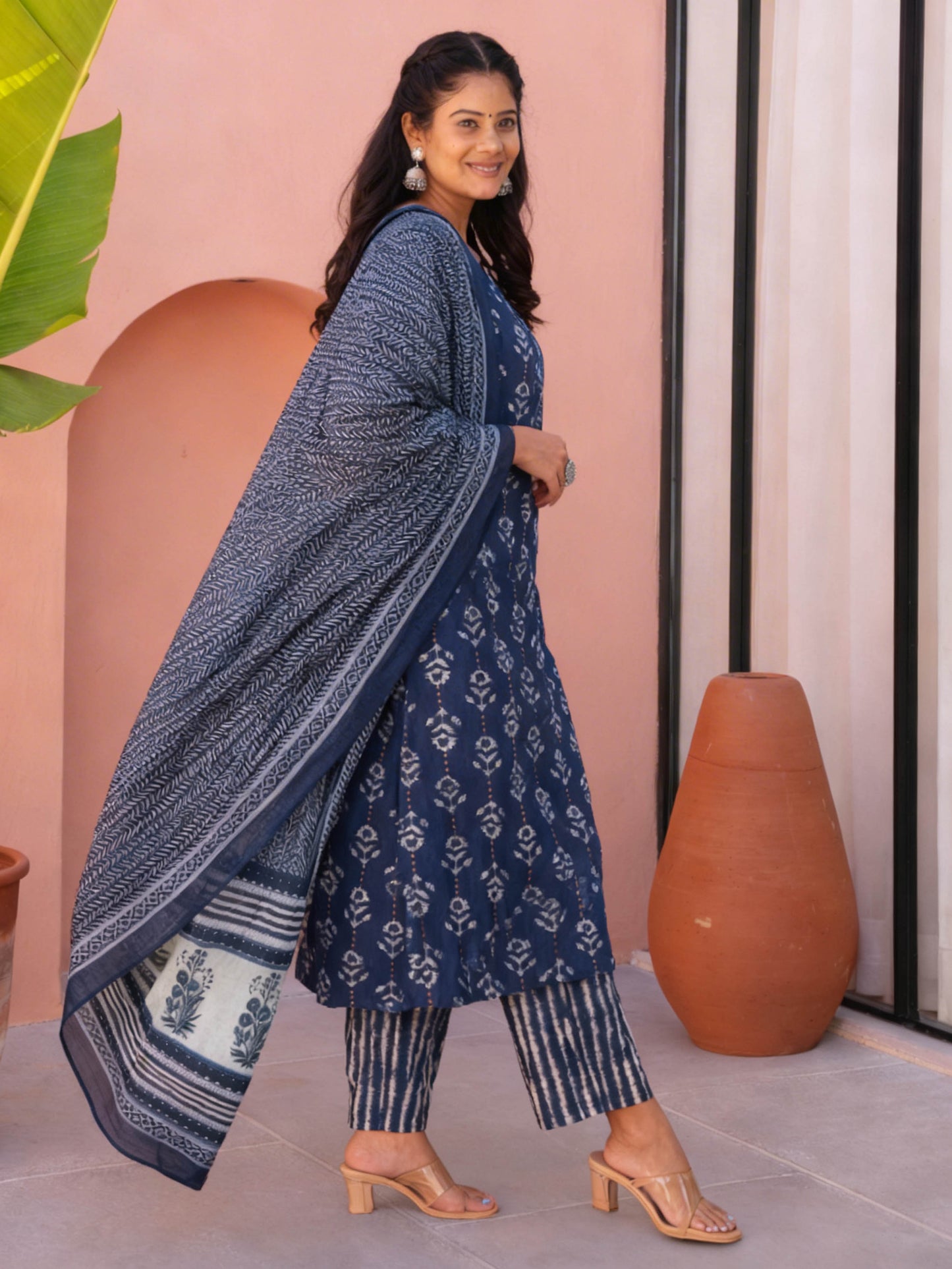 Soft Cotton Gold foil Straight Blue Kurta