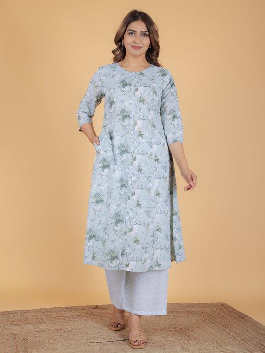 Soft Cotton Floral A-line Green Kurta