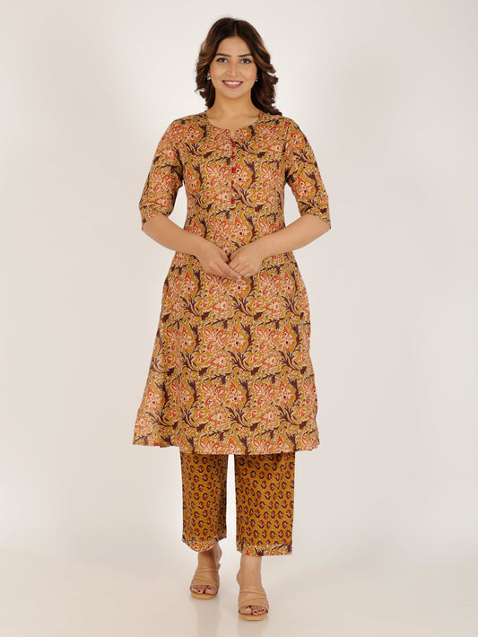 Soft Cotton Kalamkari A-line Yellow Kurta
