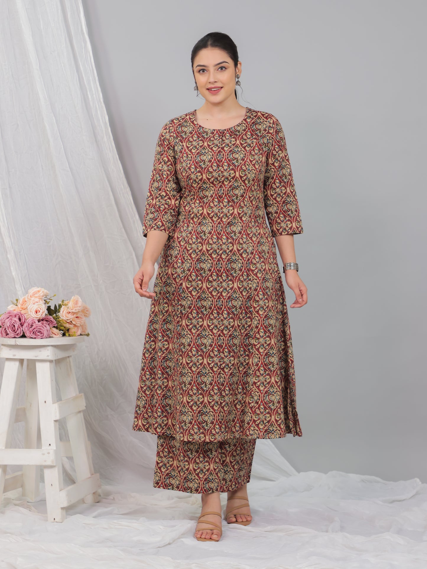 Soft Cotton Kalamkari A-line Red Kurta