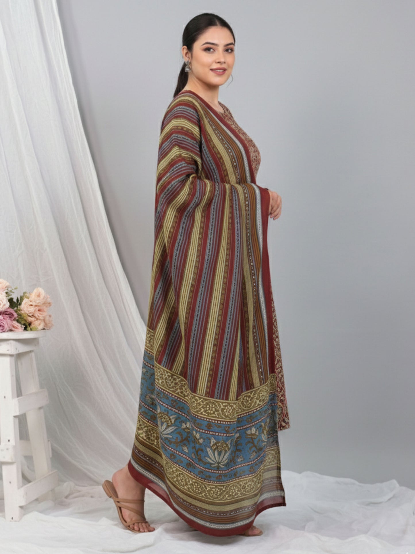 Cotton Voile Striped Brown Dupatta