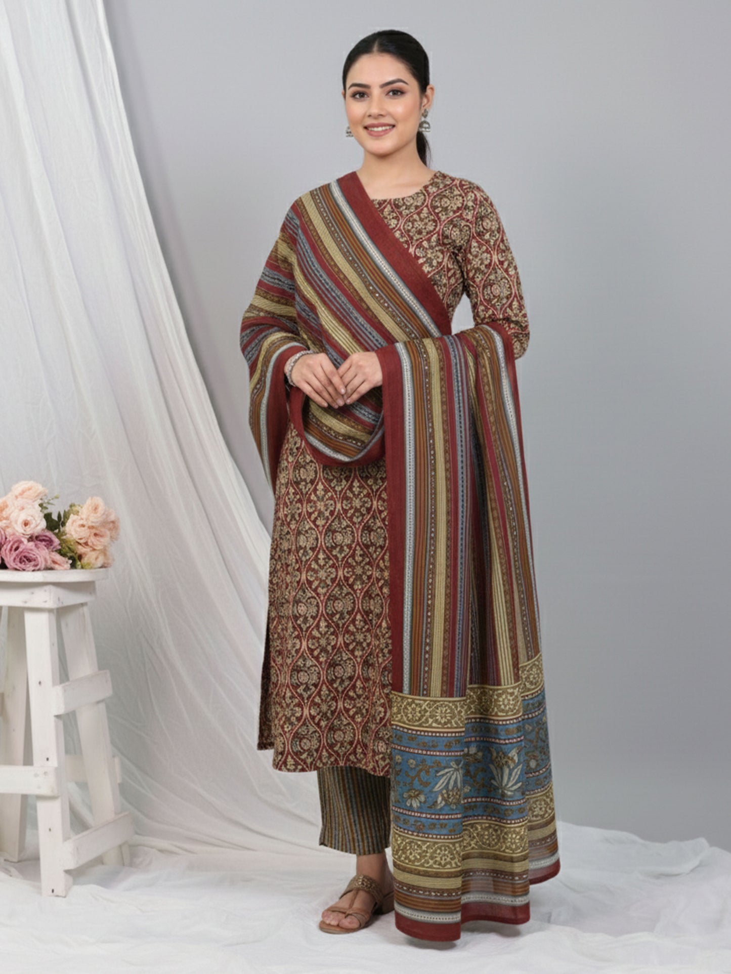 Cotton Voile Striped Brown Dupatta