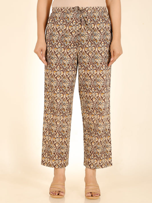 Soft Cotton Kalamkari Brown Straight Trousers