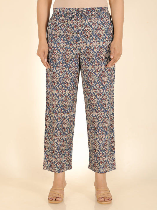 Soft Cotton Kalamkari Blue Straight Trousers