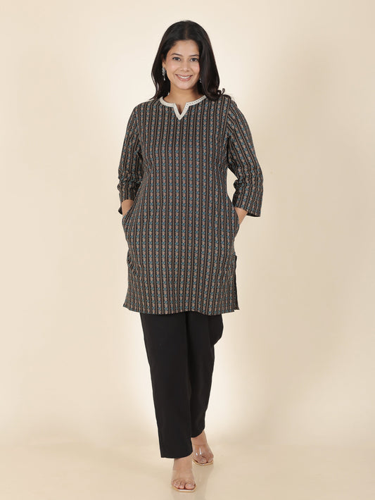 Soft Cotton Striped Straight Black Kurti