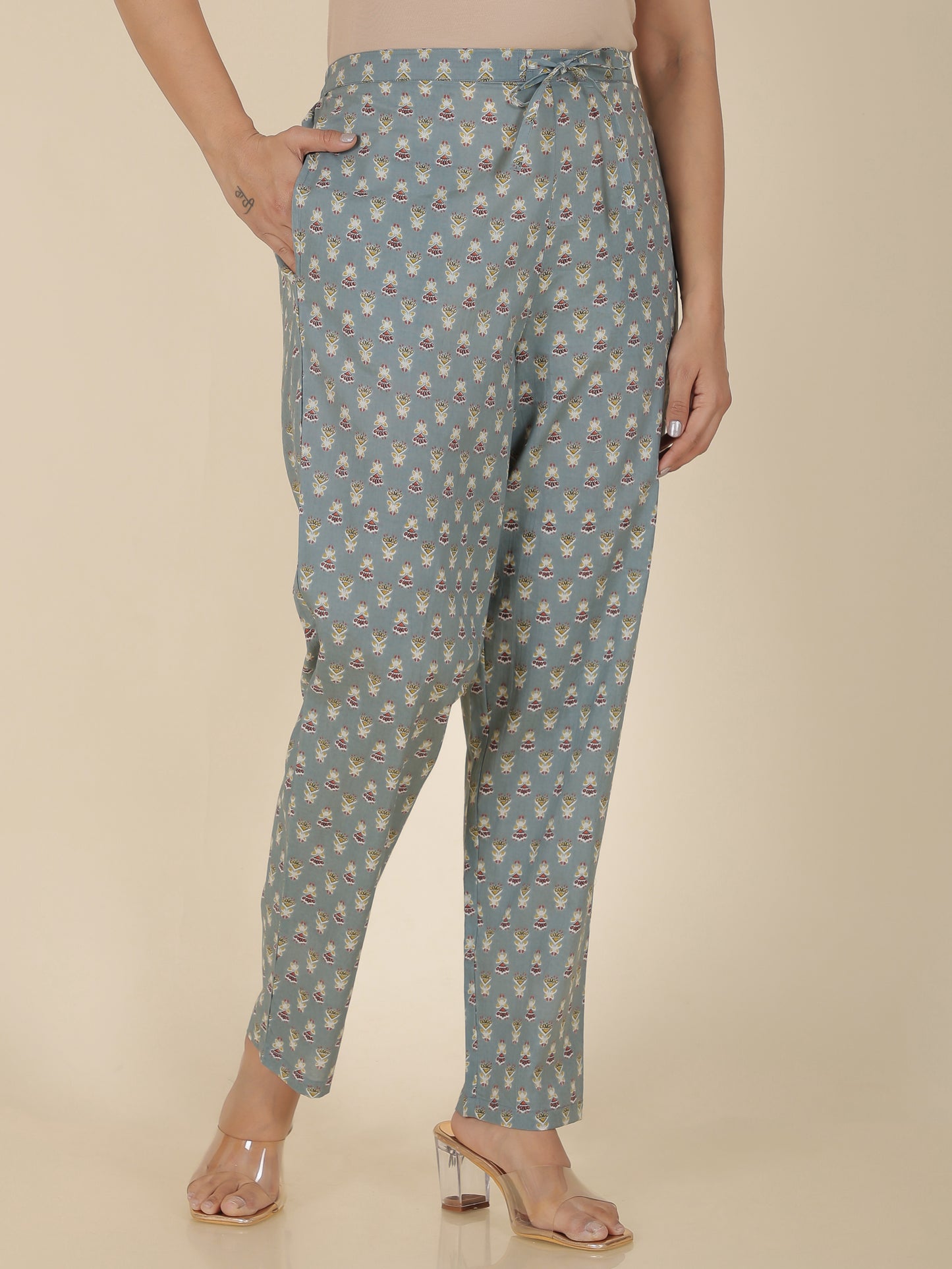 Soft Cotton Floral Grey Flared Flared Trousers