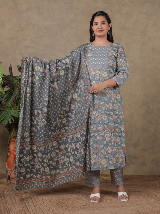Cotton Voile Floral Grey Dupatta