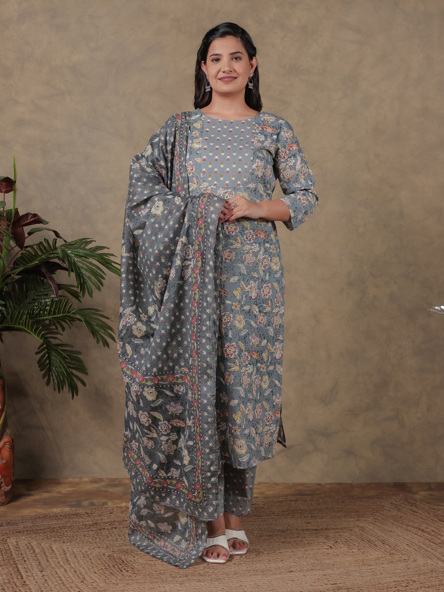 Cotton Voile Floral Grey Dupatta