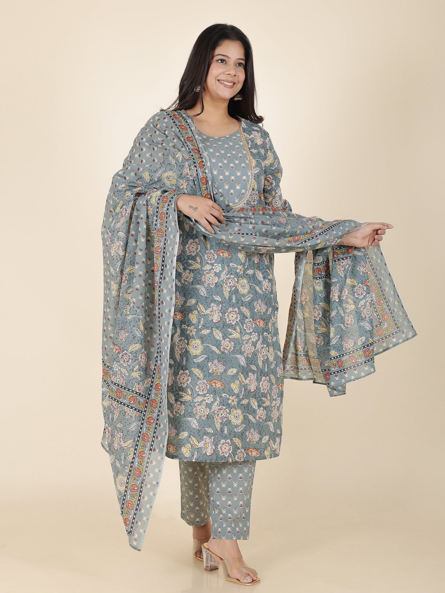 Cotton Voile Floral Grey Dupatta