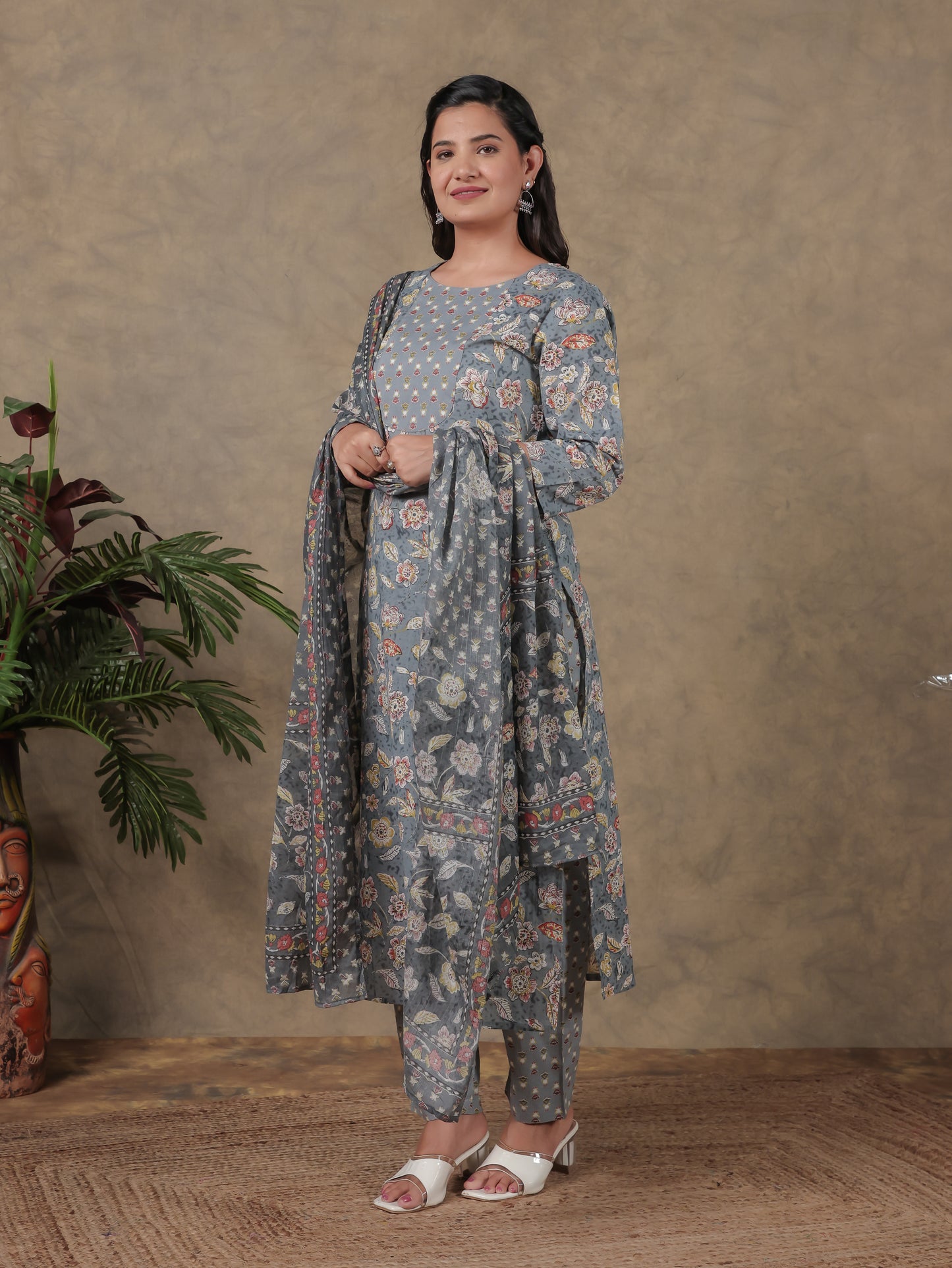 Cotton Voile Floral Grey Dupatta