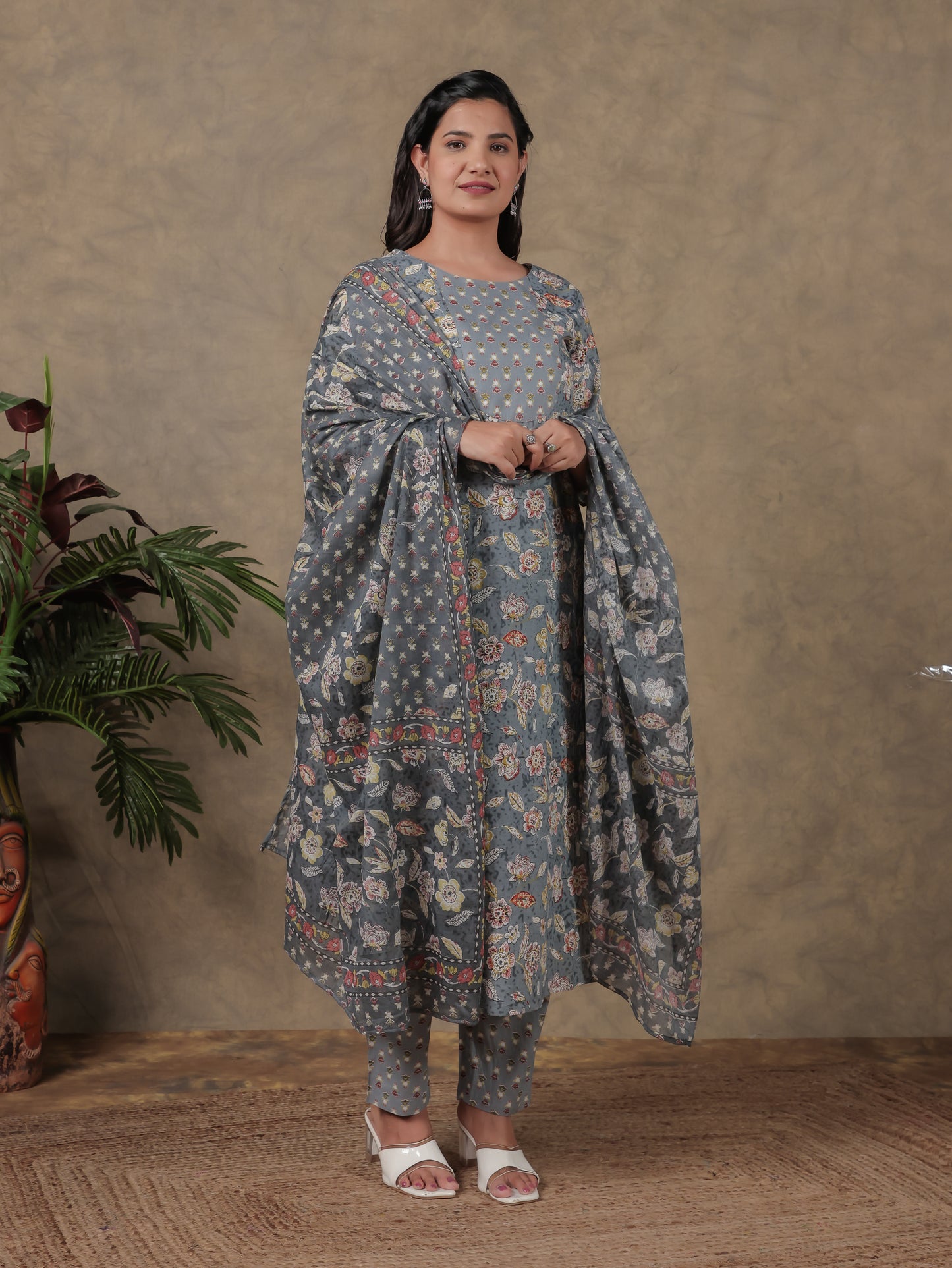 Cotton Voile Floral Grey Dupatta
