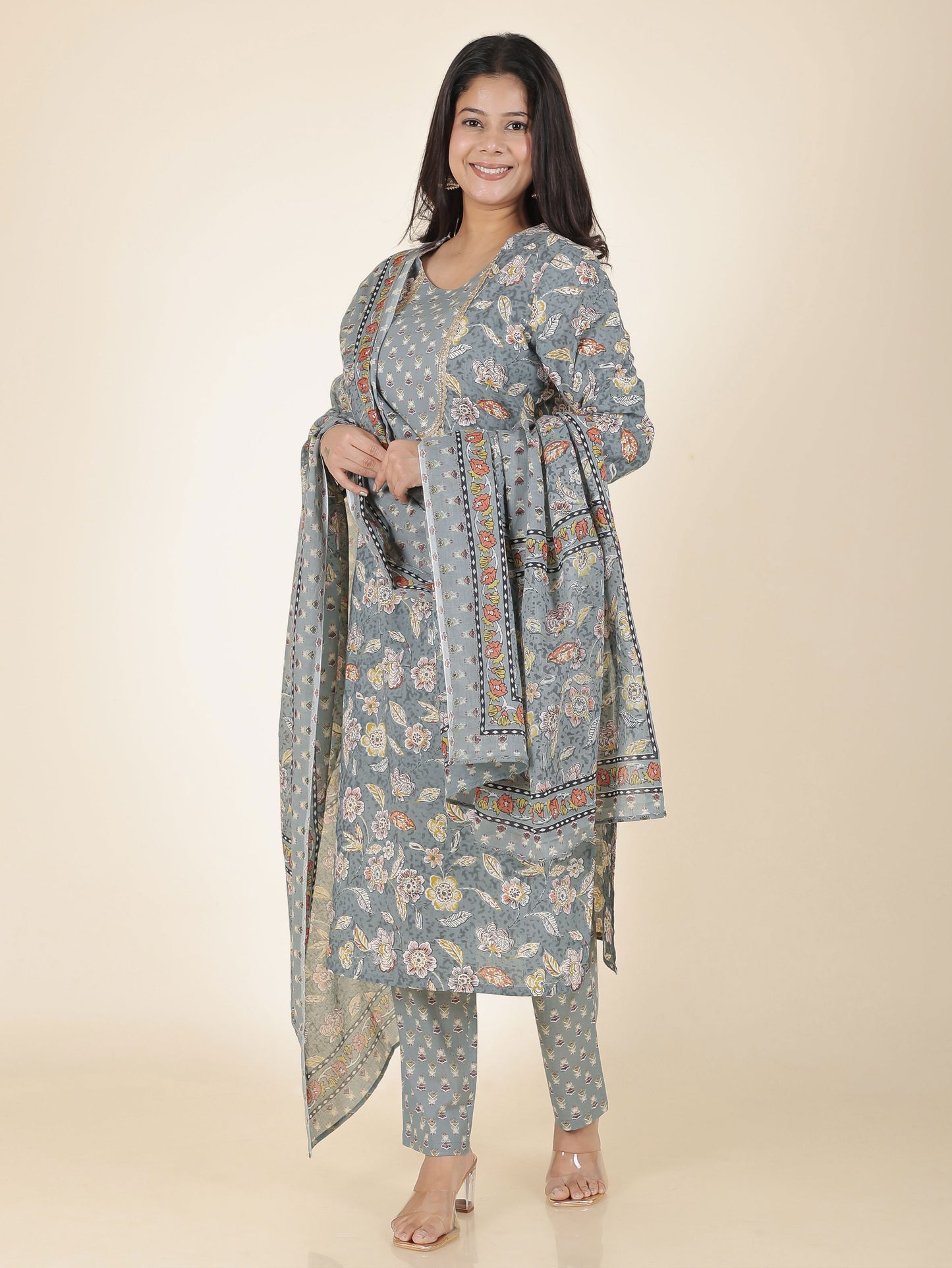 Soft Cotton Floral Straight Grey Kurta