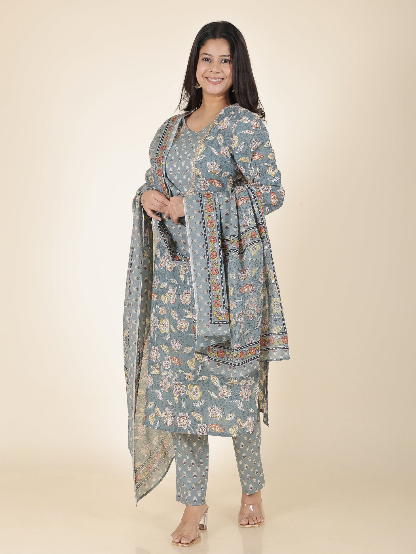 Soft Cotton Floral Straight Grey Kurta