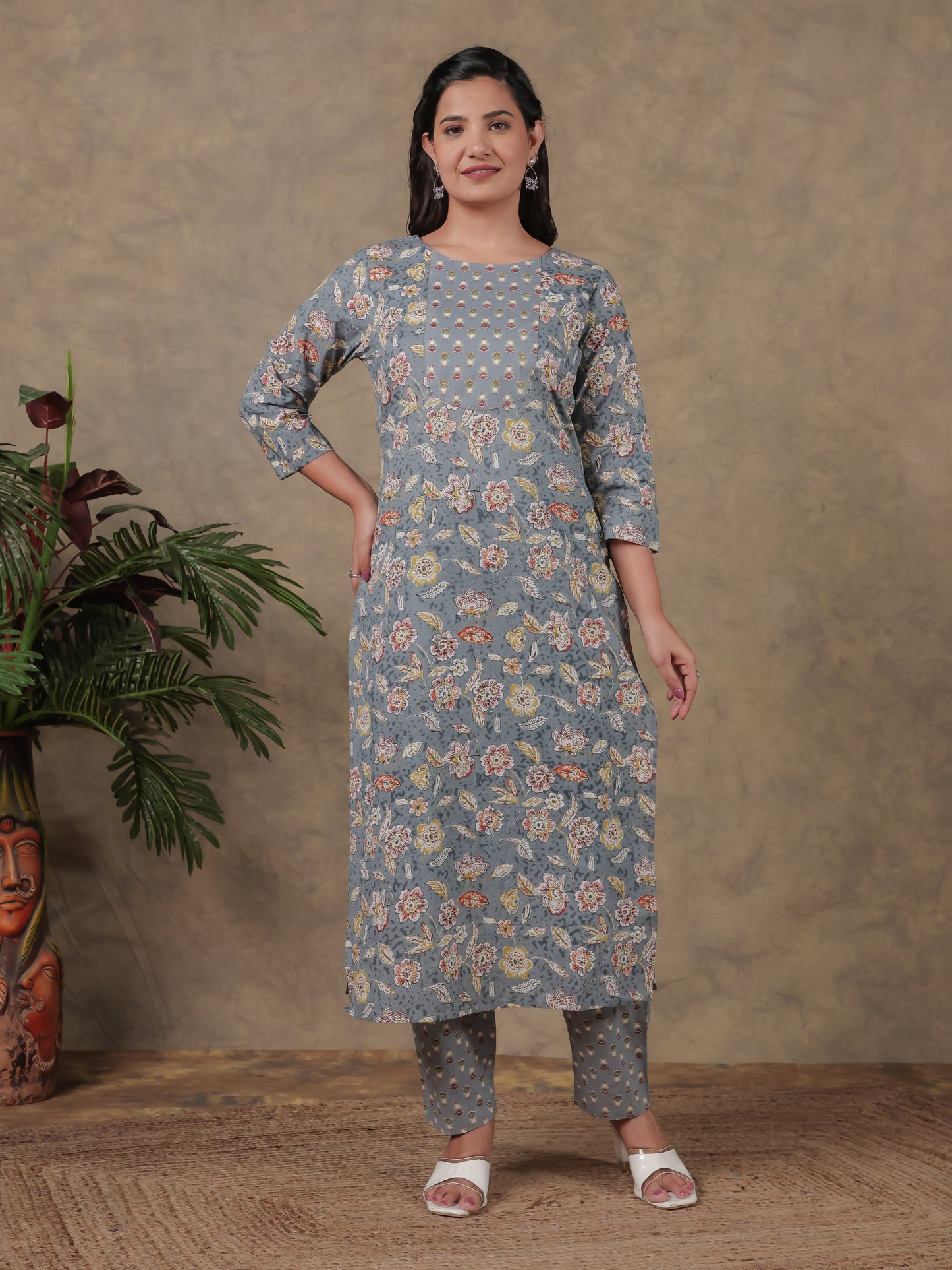 Soft Cotton Floral Straight Grey Kurta