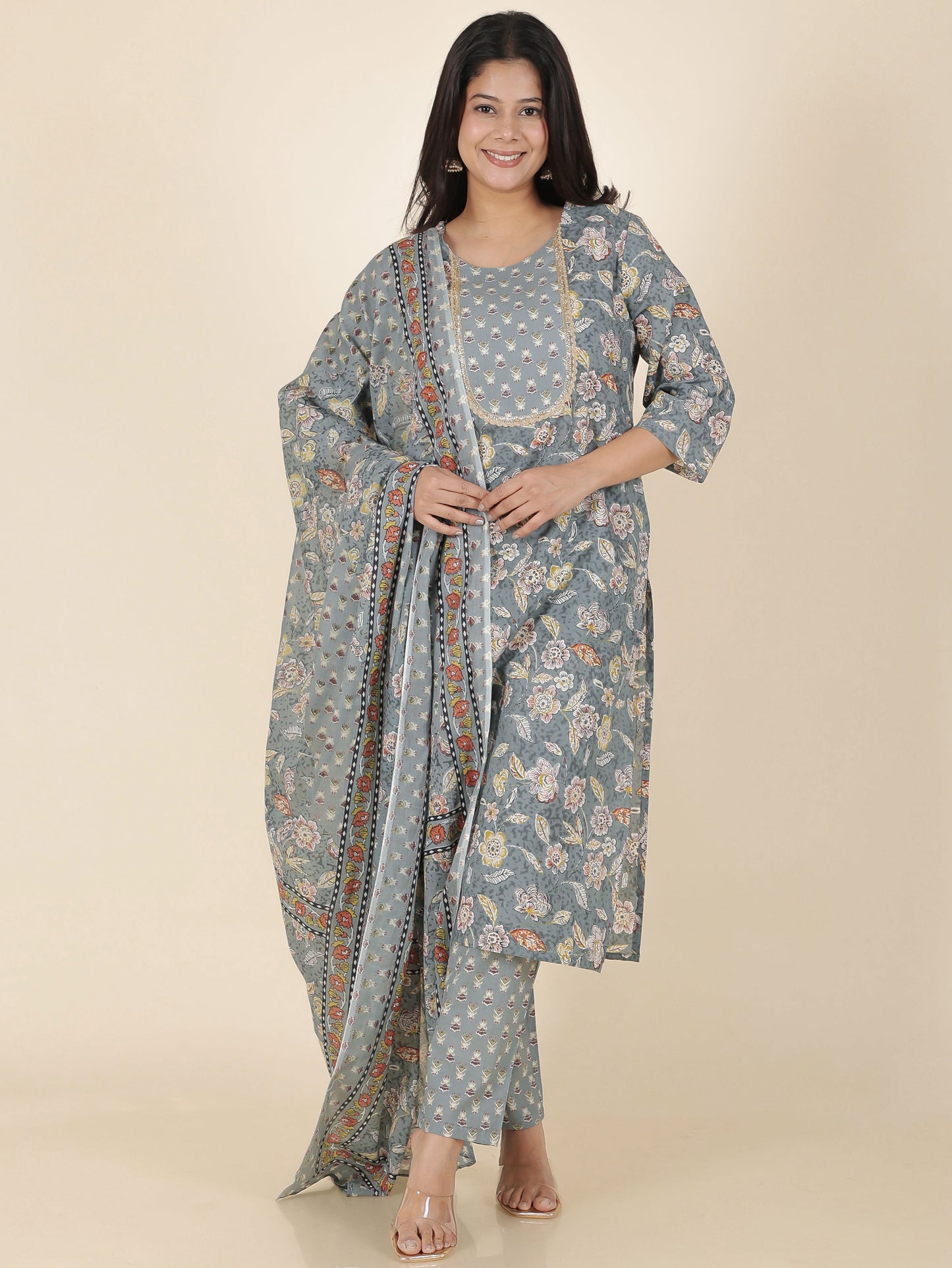 Soft Cotton Floral Straight Grey Kurta