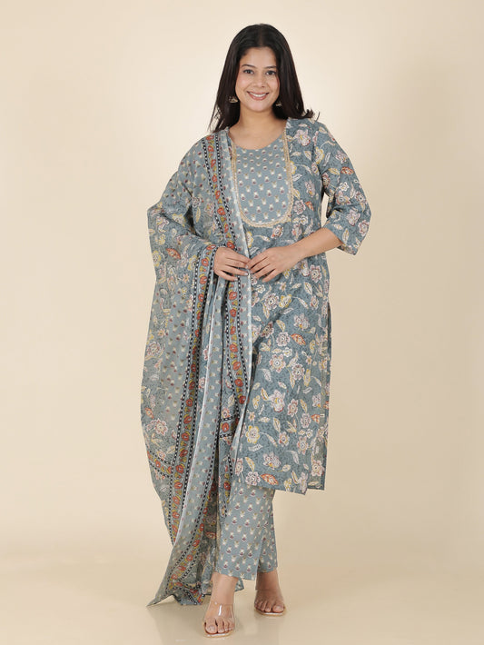 Soft Cotton Floral Straight Grey Kurta