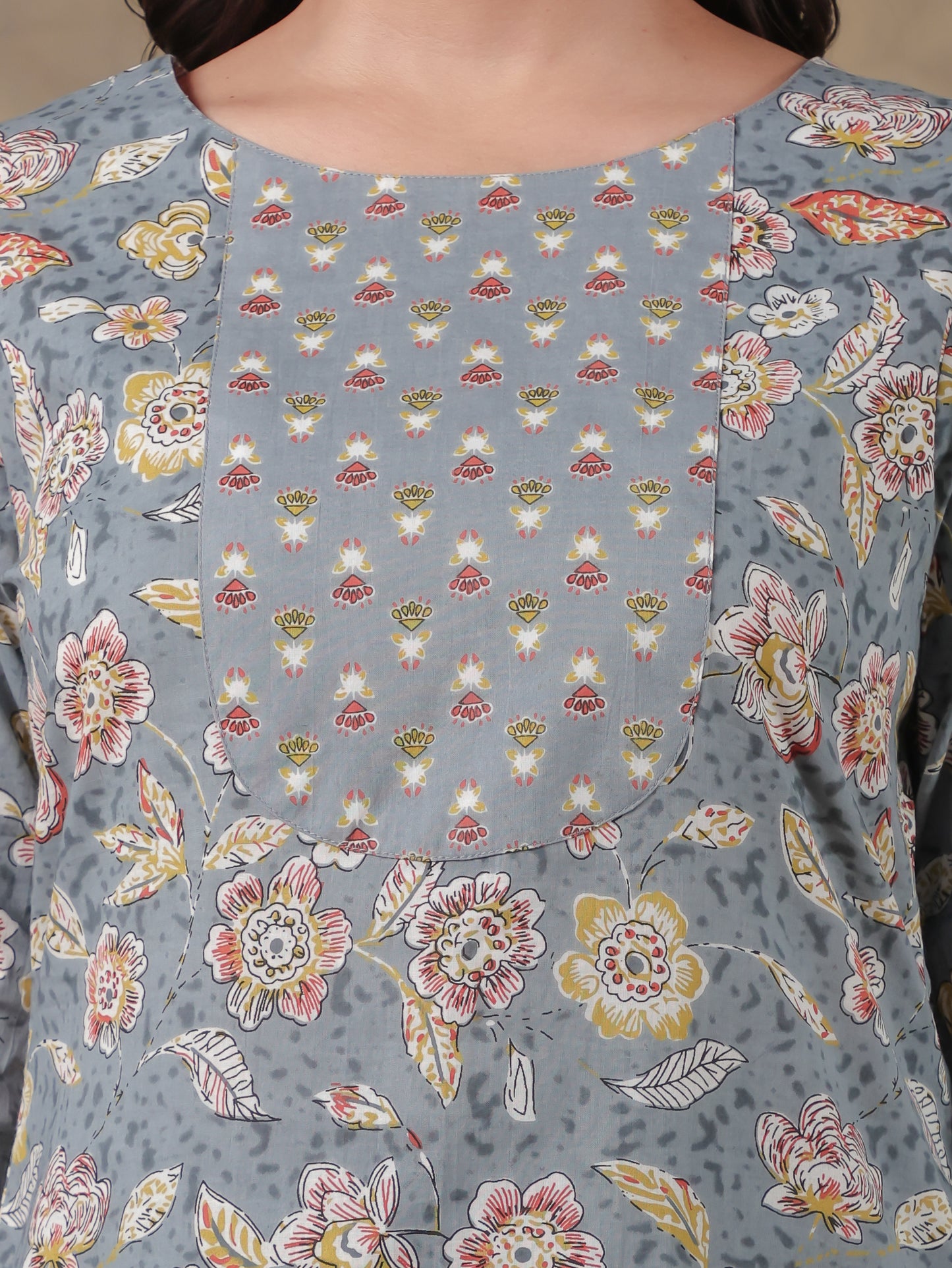 Soft Cotton Floral Straight Grey Kurta