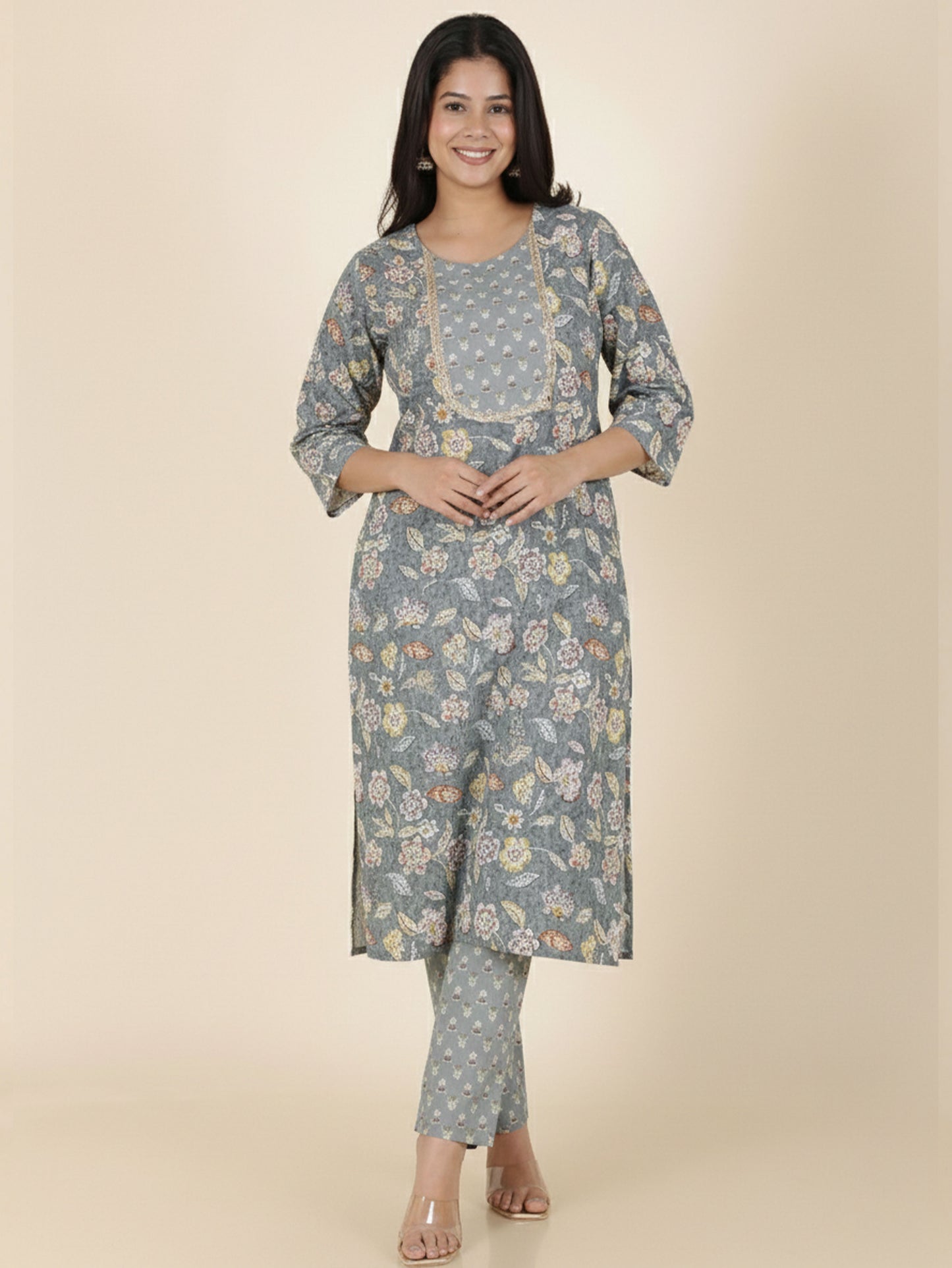 Soft Cotton Floral Straight Grey Kurta