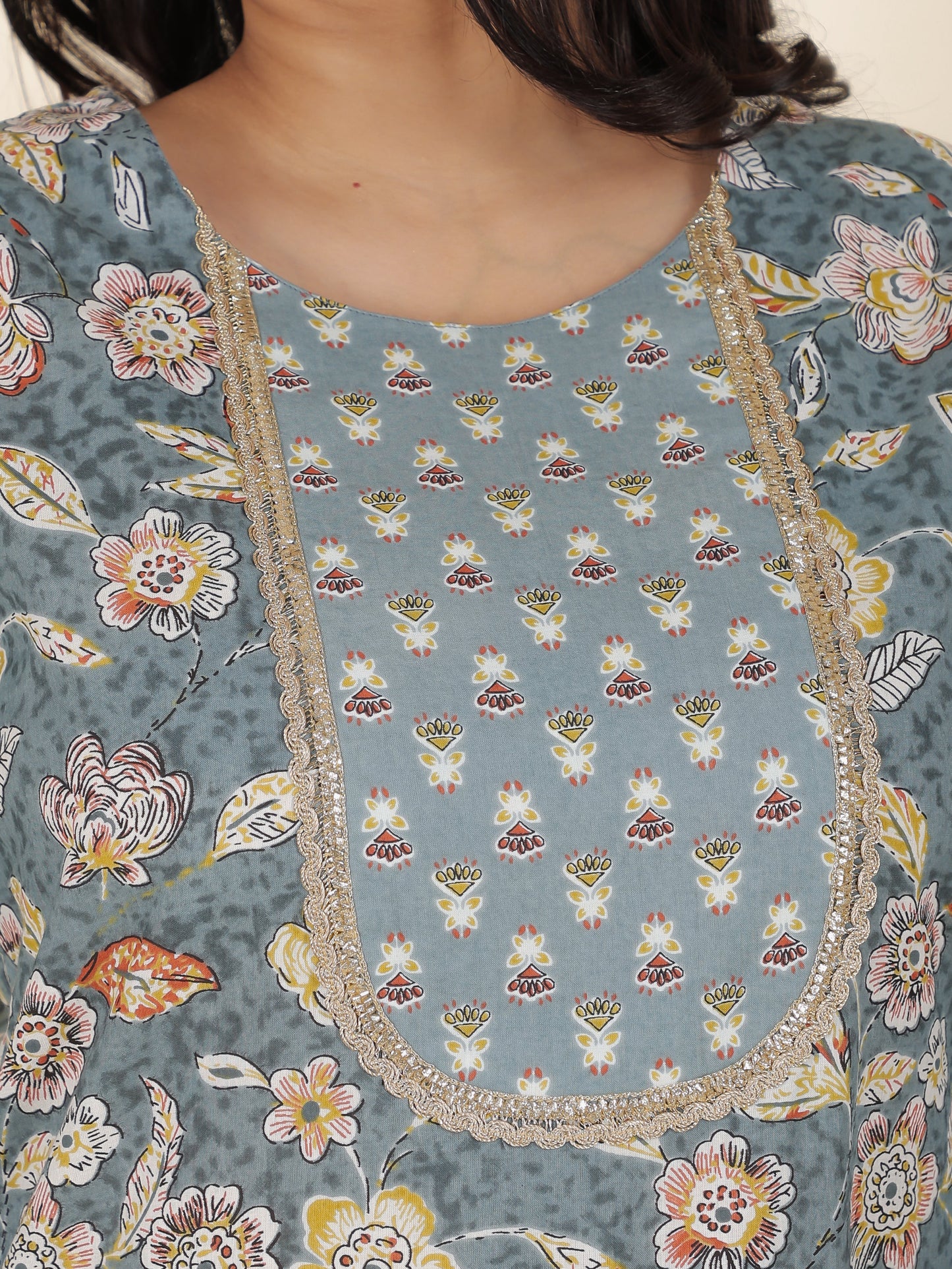 Soft Cotton Floral Straight Grey Kurta