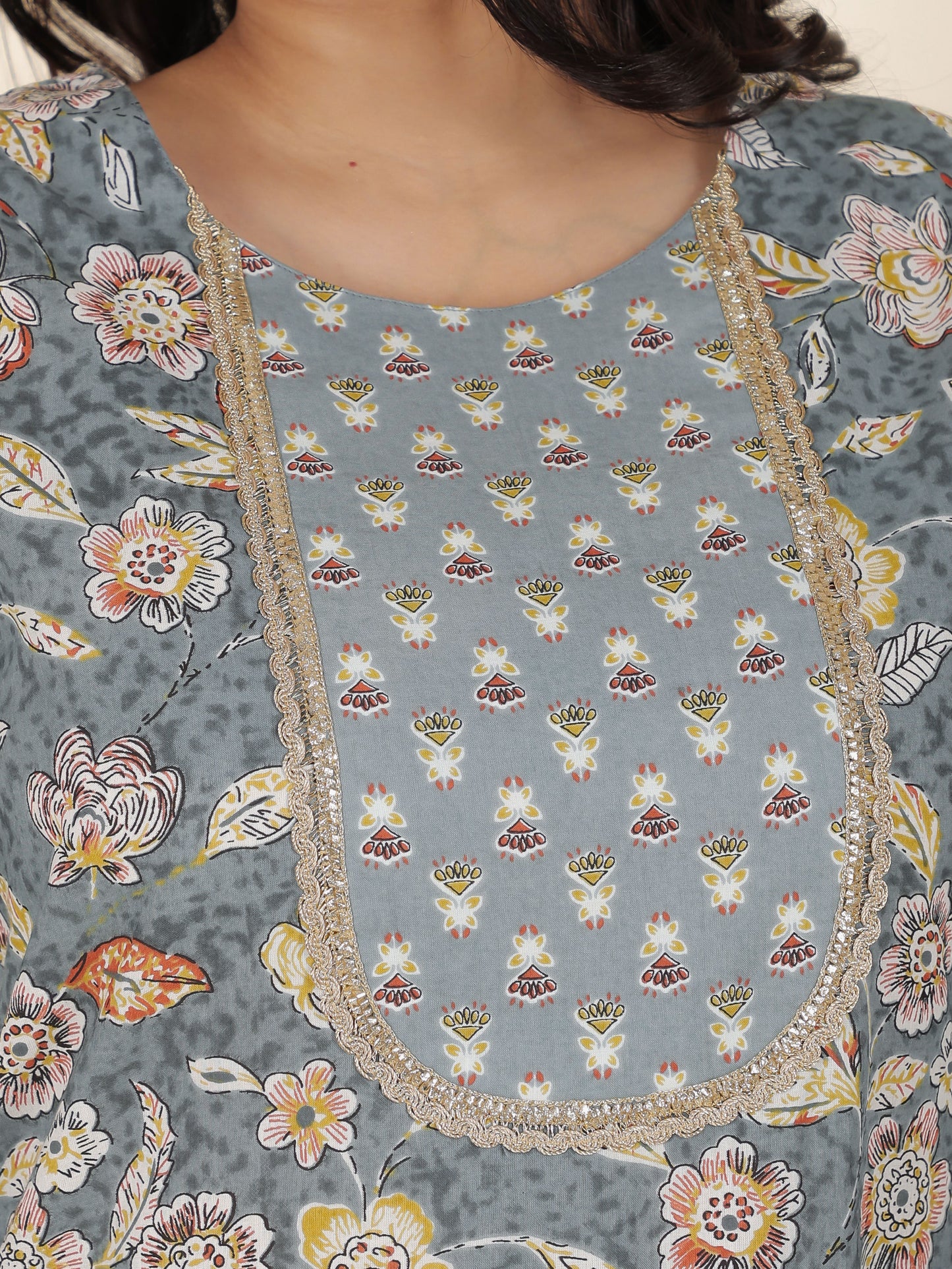 Soft Cotton Floral Straight Grey Kurta