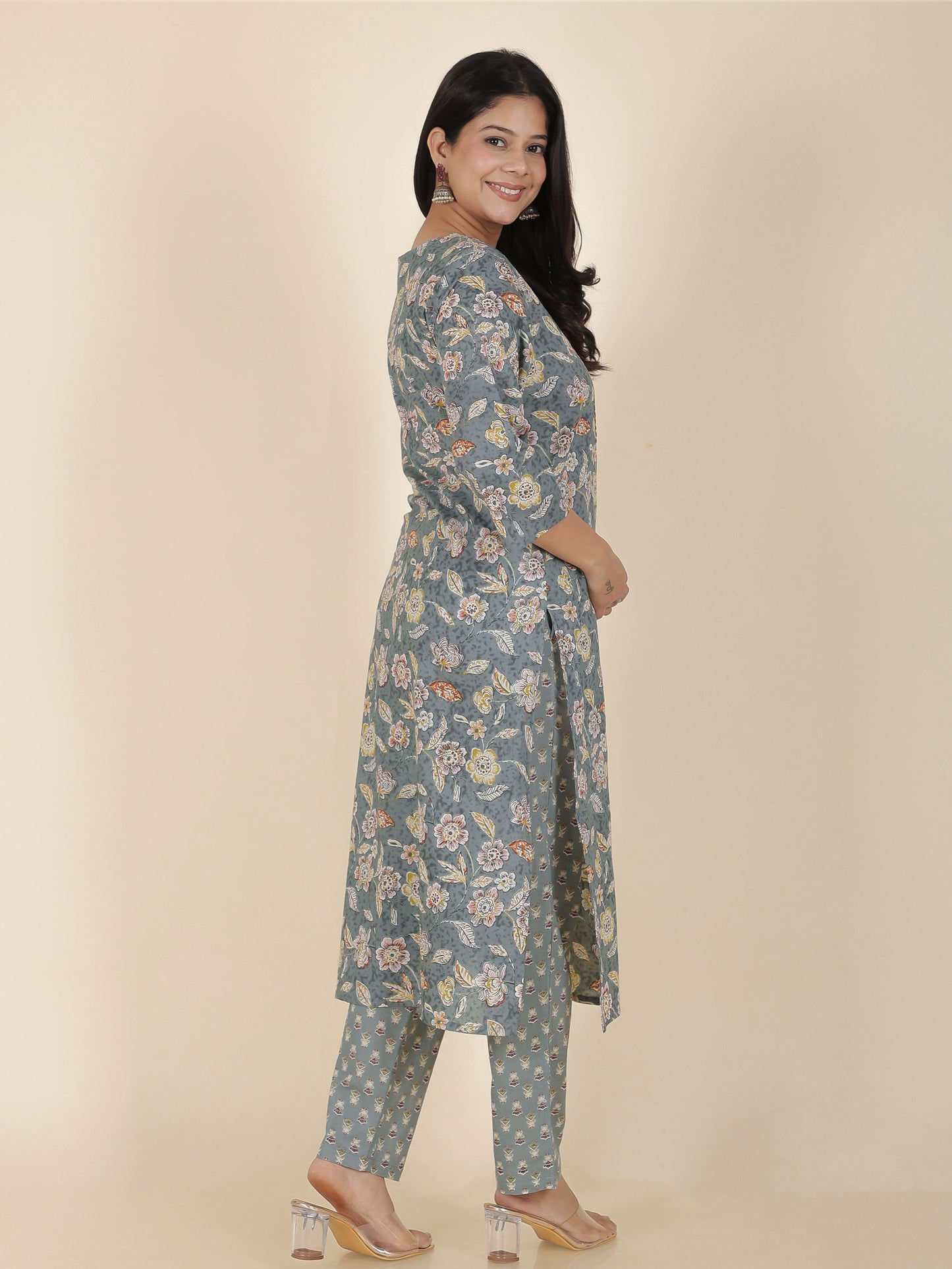Soft Cotton Floral Straight Grey Kurta