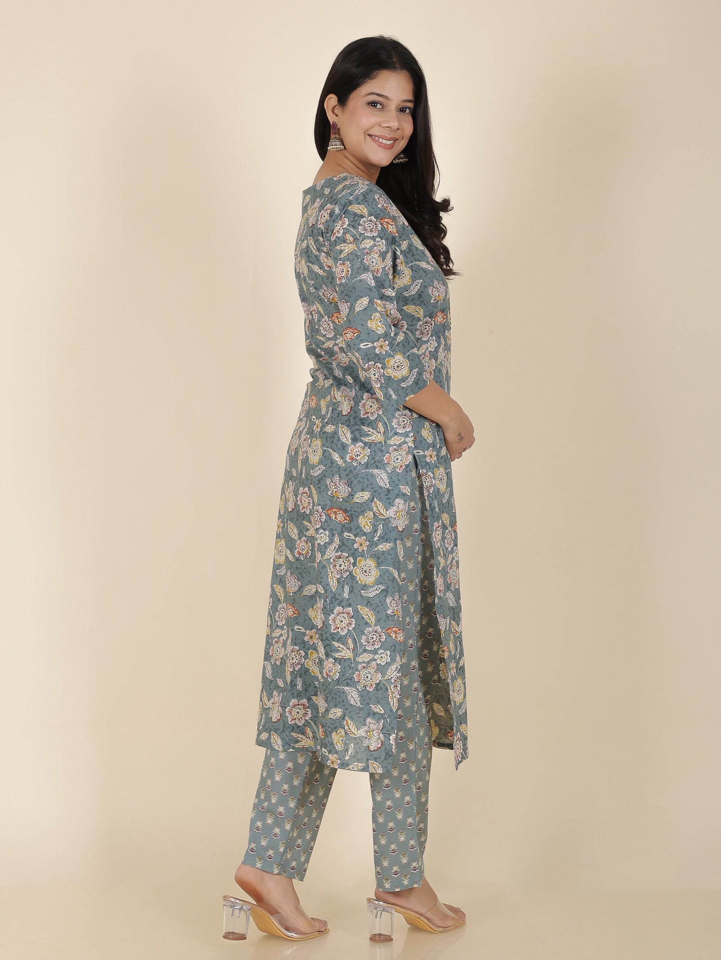 Soft Cotton Floral Straight Grey Kurta