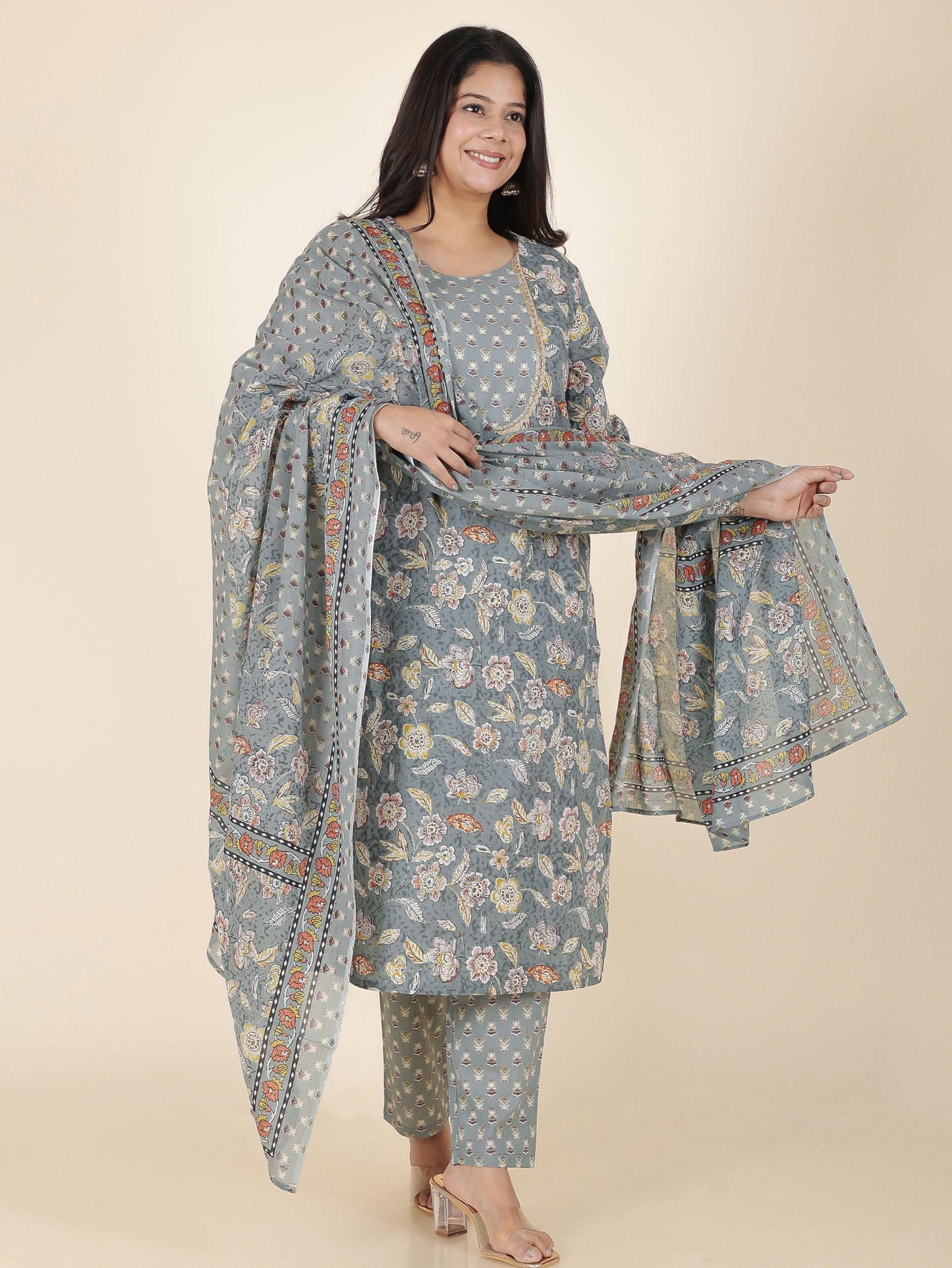 Soft Cotton Floral Straight Grey Kurta