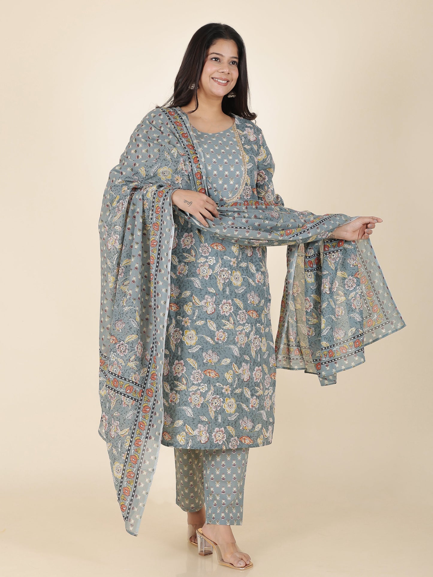 Soft Cotton Floral Straight Grey Kurta