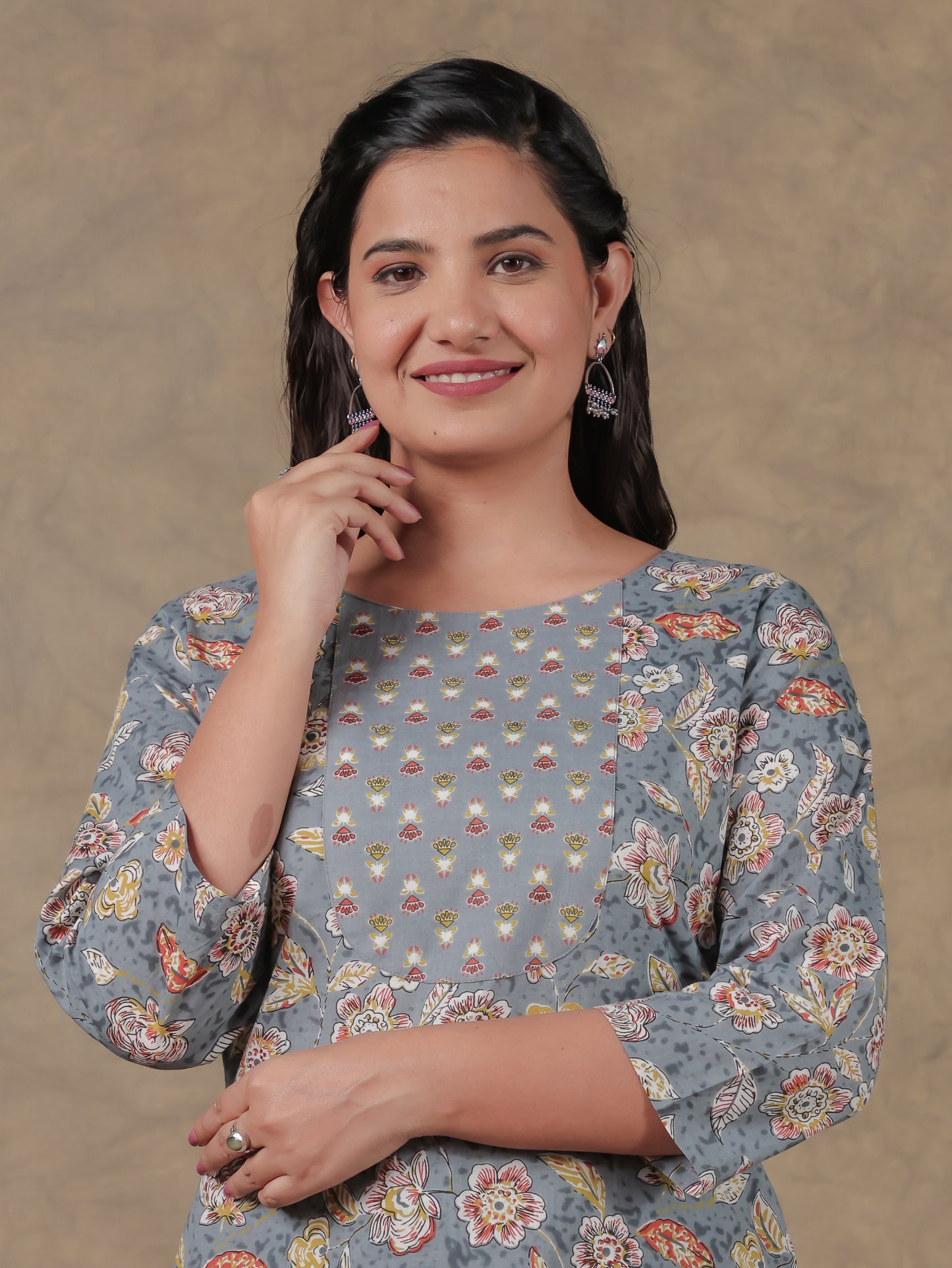 Soft Cotton Floral Straight Grey Kurta