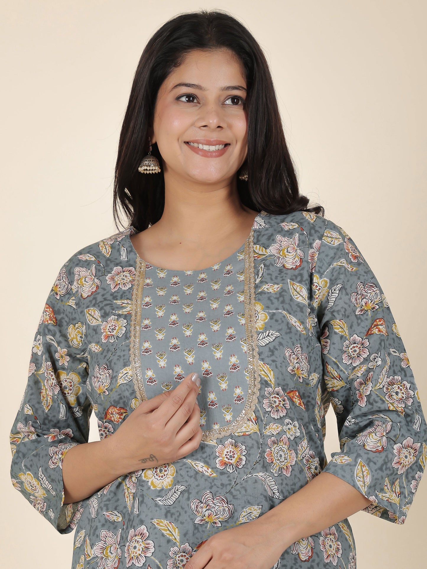 Soft Cotton Floral Straight Grey Kurta