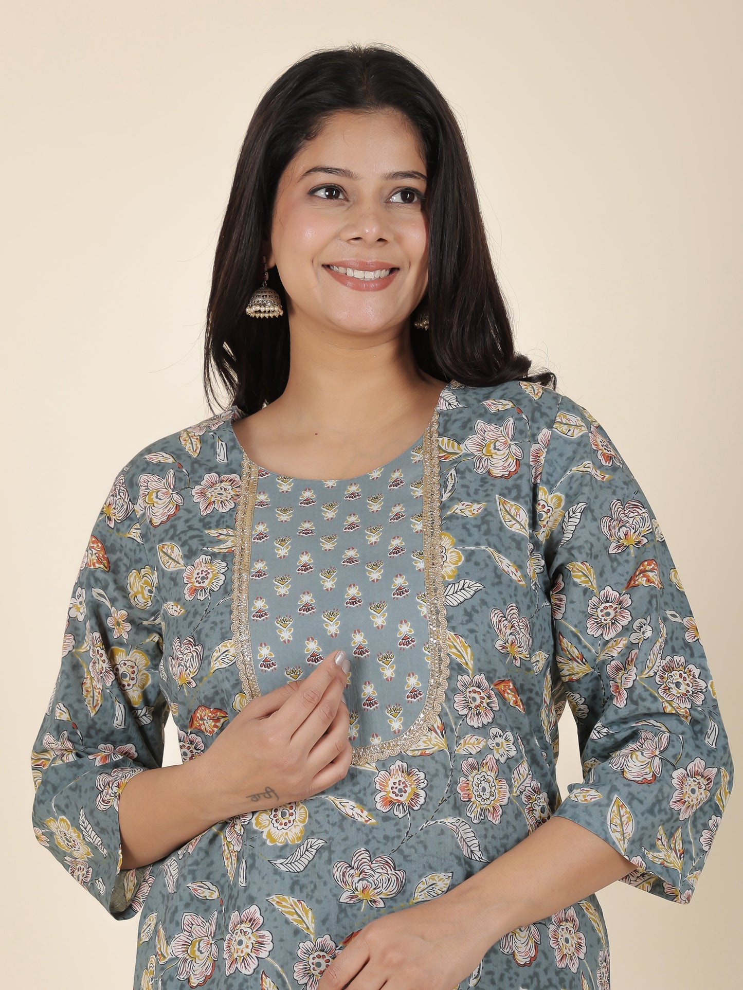 Soft Cotton Floral Straight Grey Kurta