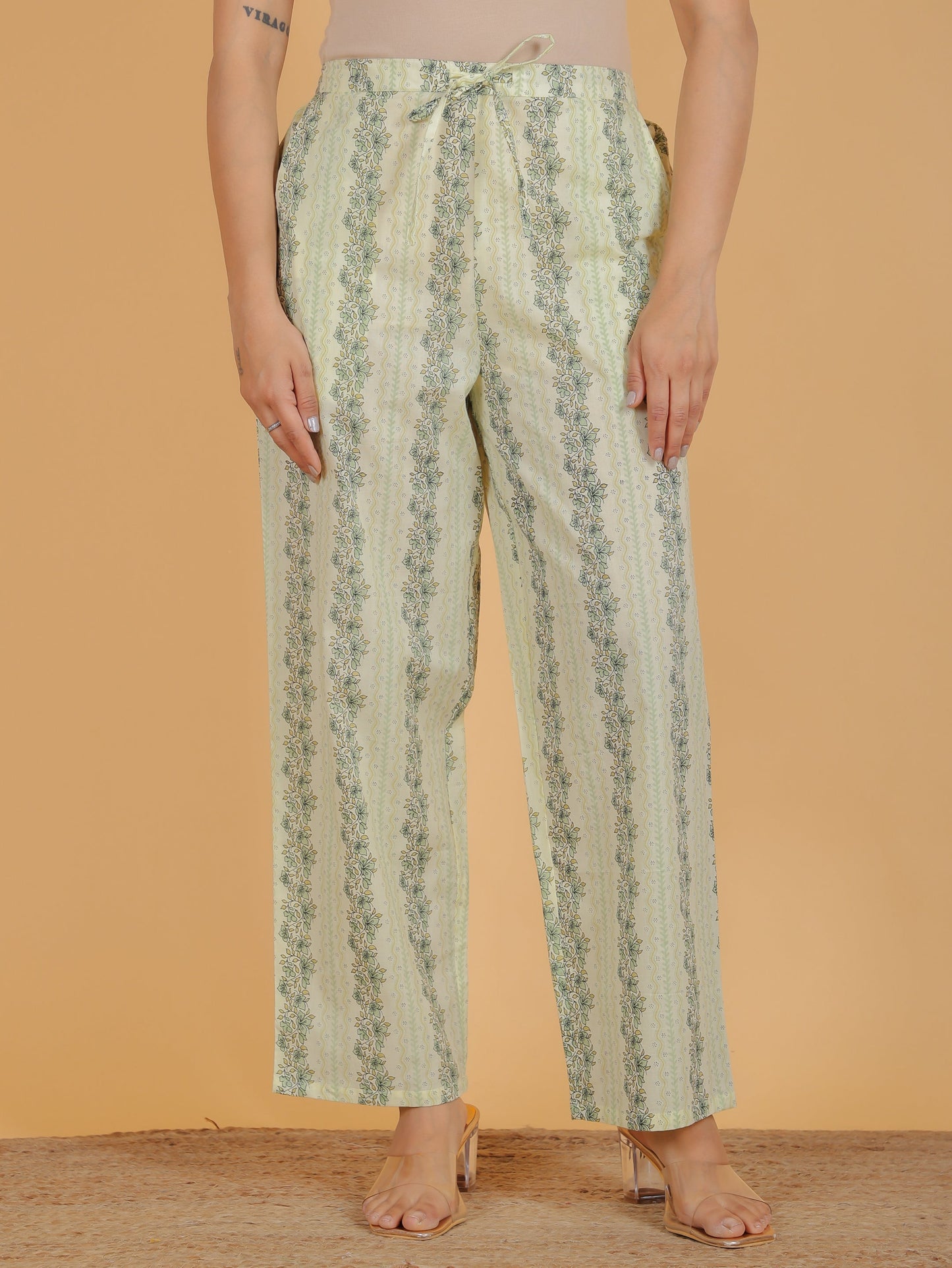 Soft Cotton Striped Green Straight Trousers