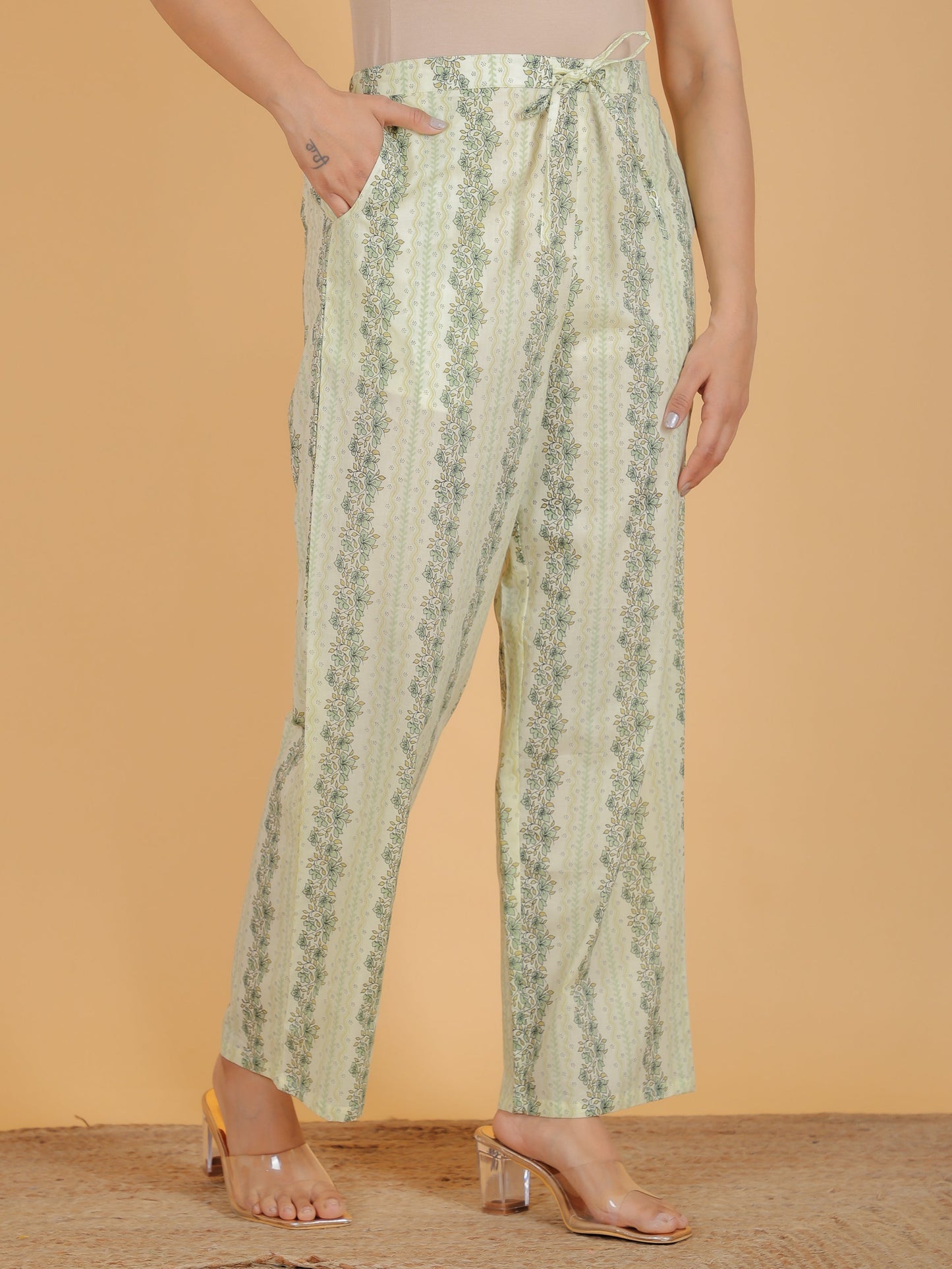 Soft Cotton Striped Green Straight Trousers