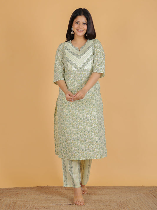 Soft Cotton Floral Straight Green Kurta