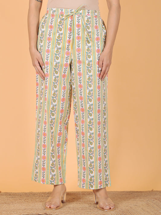 Soft Cotton Floral White Straight Trousers