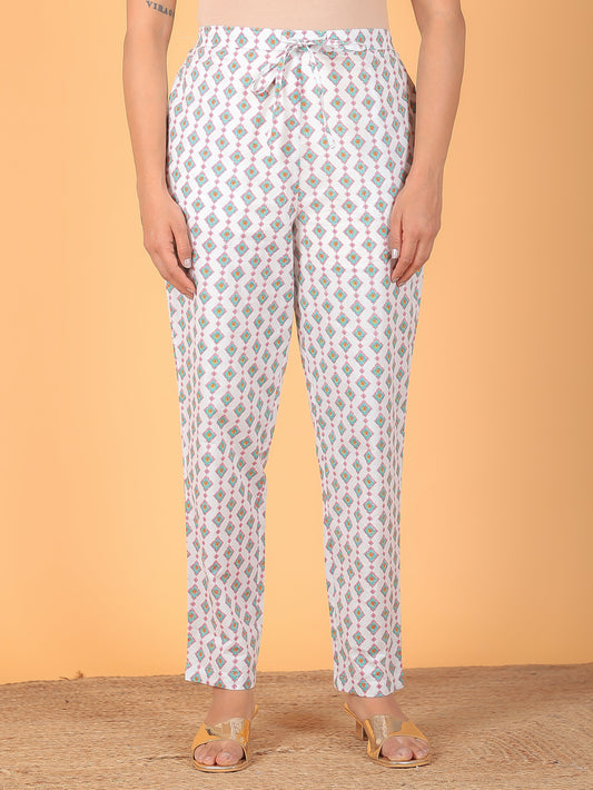 Soft Cotton Geometric White Tapered Trousers