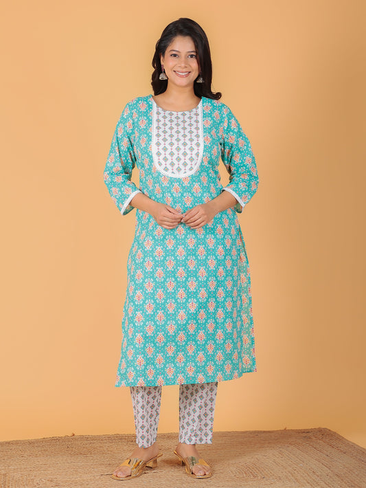 Soft Cotton Floral Straight Green Kurta