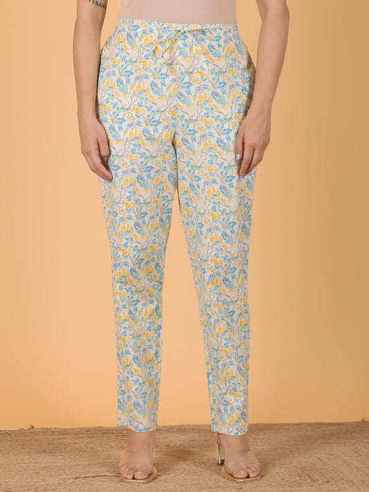 Soft Cotton Floral Yellow Tapered Trousers