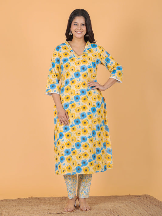 Soft Cotton Floral Straight Yellow Kurta