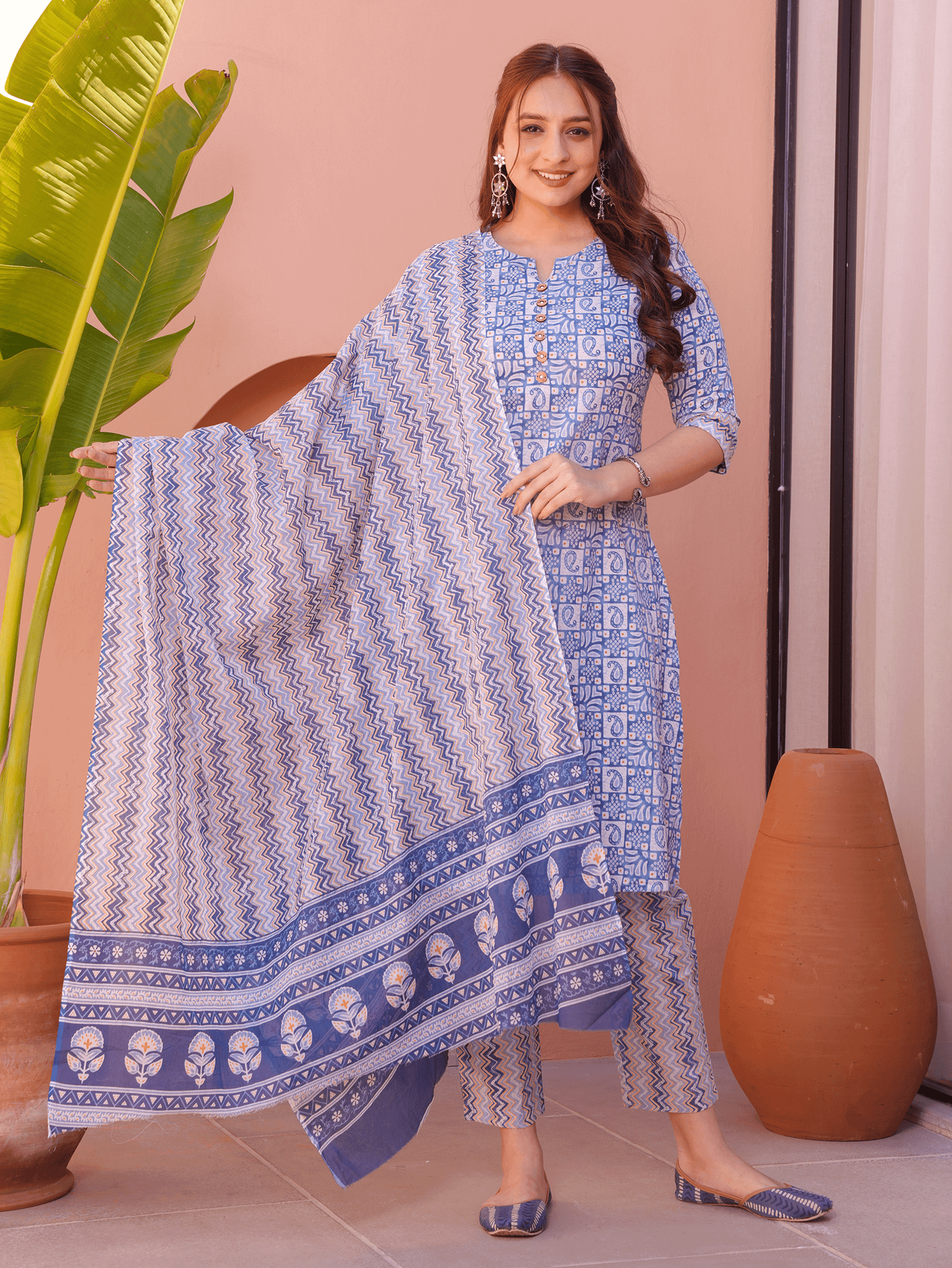 Soft Cotton Abstract A-line Blue Kurta