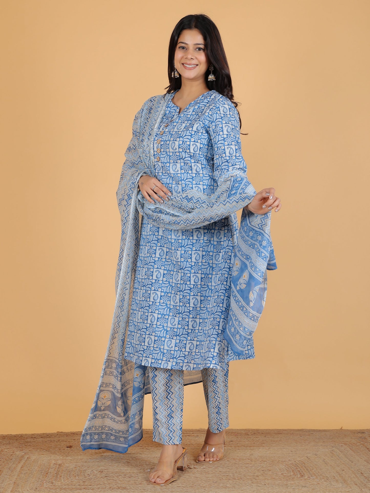 Soft Cotton Abstract A-line Blue Kurta